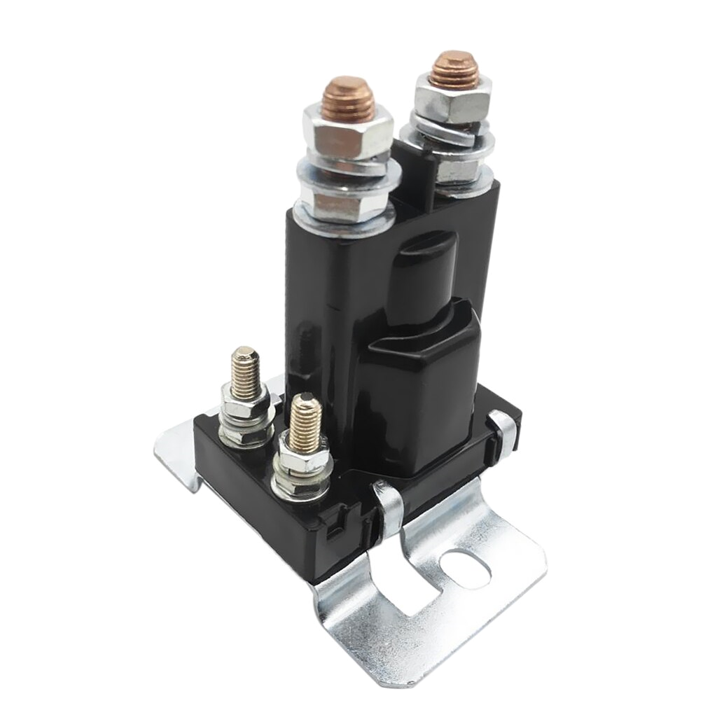 Heavy duty continuous duty solenoid, a black moulded body with two copper main studs and nuts on top, two smaller coil studs at the front, and a zinc-plated mounting bracket at the base