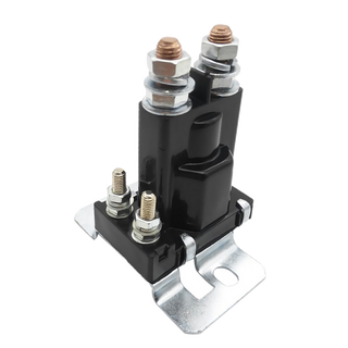Heavy duty continuous duty solenoid, a black moulded body with two copper main studs and nuts on top, two smaller coil studs at the front, and a zinc-plated mounting bracket at the base
