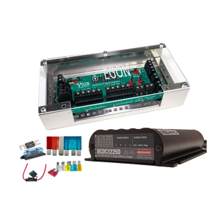 BCDC1225D kit shown without an inverter: the EGON DC Hub in its clear-lidded case above a Redarc BCDC1225D charger, an ANL fuse and holder, and a set of blade and mega fuses