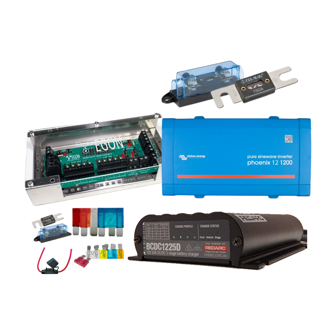 BCDC1225D kit with the EGON DC Hub, a Victron Phoenix 12 1200 pure sinewave inverter, a Redarc BCDC1225D charger, a 150A ANL fuse and holder, and a set of blade and mega fuses
