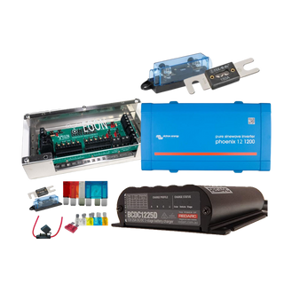 BCDC1225D kit with the EGON DC Hub, a Victron Phoenix 12 1200 pure sinewave inverter, a Redarc BCDC1225D charger, a 150A ANL fuse and holder, and a set of blade and mega fuses