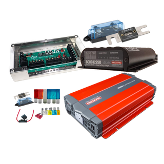 BCDC1225D kit with the EGON DC Hub in its clear-lidded case, a Redarc BCDC1225D 12V 25A DC to DC three stage charger, a Redarc 2000W pure sine inverter, a 200A ANL fuse and holder, and a set of blade and mega fuses