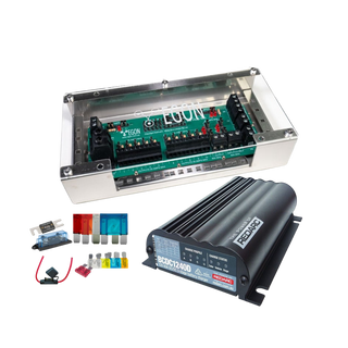BCDC1240D kit shown without an inverter: the EGON DC Hub in its clear-lidded case above a Redarc BCDC1240D charger, an ANL fuse and holder, and a set of blade and mega fuses