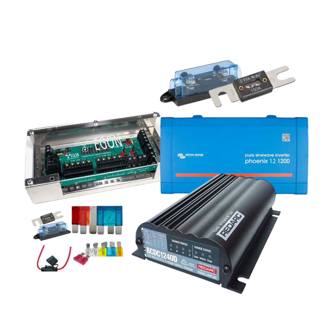 BCDC1240D kit with the EGON DC Hub, a Victron Phoenix 12 1200 pure sinewave inverter, a Redarc BCDC1240D 12V 40A DC to DC charger, a 150A ANL fuse and holder, and a set of blade and mega fuses