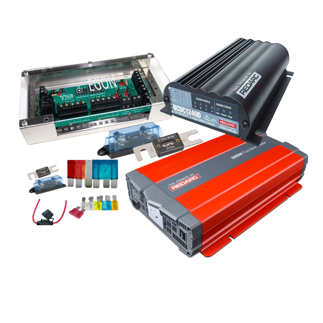 BCDC1240D kit with the EGON DC Hub, a Redarc BCDC1240D 12V 40A DC to DC charger, a Redarc 2000W pure sine inverter, a 200A ANL fuse and holder, and a set of blade and mega fuses