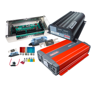 BCDC1240D kit with the EGON DC Hub, a Redarc BCDC1240D 12V 40A DC to DC charger, a Redarc 2000W pure sine inverter, a 200A ANL fuse and holder, and a set of blade and mega fuses