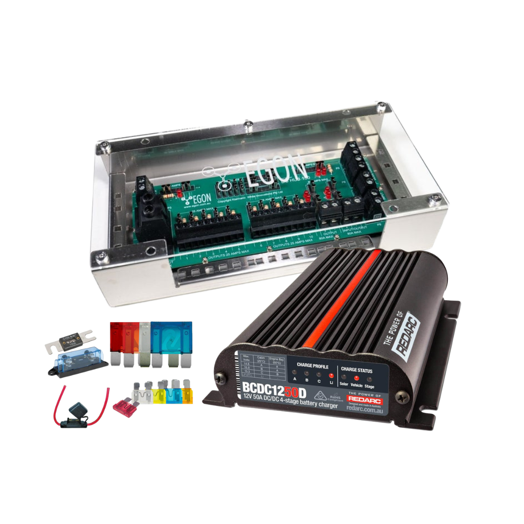 This unique 12V Electrical Kit includes all the essentials at a great kit price. The kit includes a BCDC1250D from Redarc, their most popular DC-DC Charger, EGONs DC Hub Kit for making DIY installations as simple as possible, and the DC Hub Fuse Kit - all the essential fuses and holders you need for this installation along with some spares just in case!   Perth pro auto electric parts