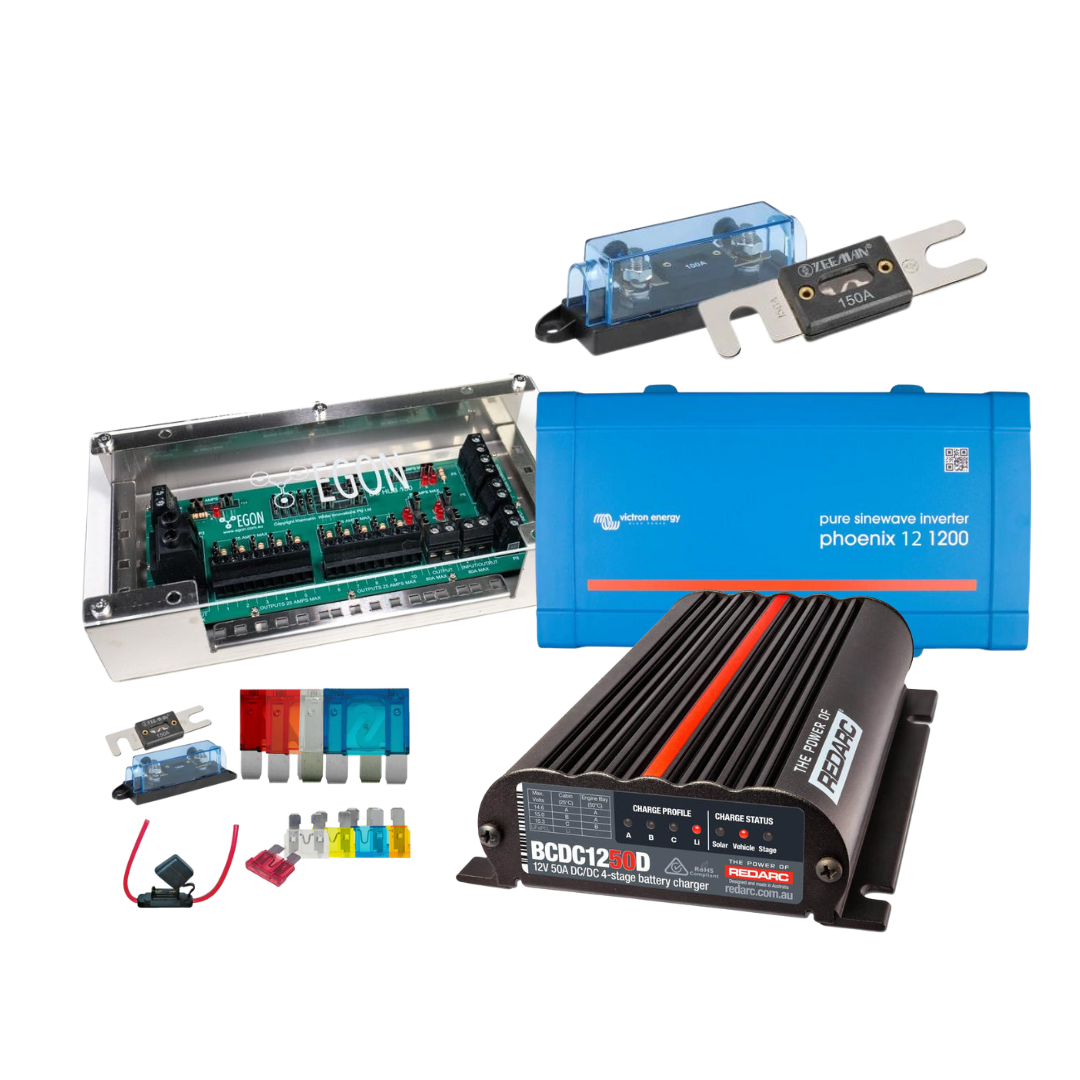 This unique 12V Electrical Kit includes all the essentials at a great kit price. The kit includes a BCDC1250D from Redarc, their most popular DC-DC Charger, EGONs DC Hub Kit for making DIY installations as simple as possible, and the DC Hub Fuse Kit - all the essential fuses and holders you need for this installation along with some spares just in case! Perth pro auto electric parts