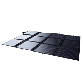 A folded portable solar blanket with monocrystalline solar cells, designed for outdoor use.