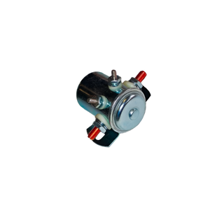 Ametek continuous duty solenoid, a zinc-plated cylindrical body on a bracket with two large red-insulated main studs and two smaller coil terminals on the end face