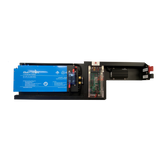 Customised slimline lithium battery system with Redarc and Amptron branding, including a battery, battery charger, and a hub distribution unit, designed for installation in the rear cab wall of a vehicle.