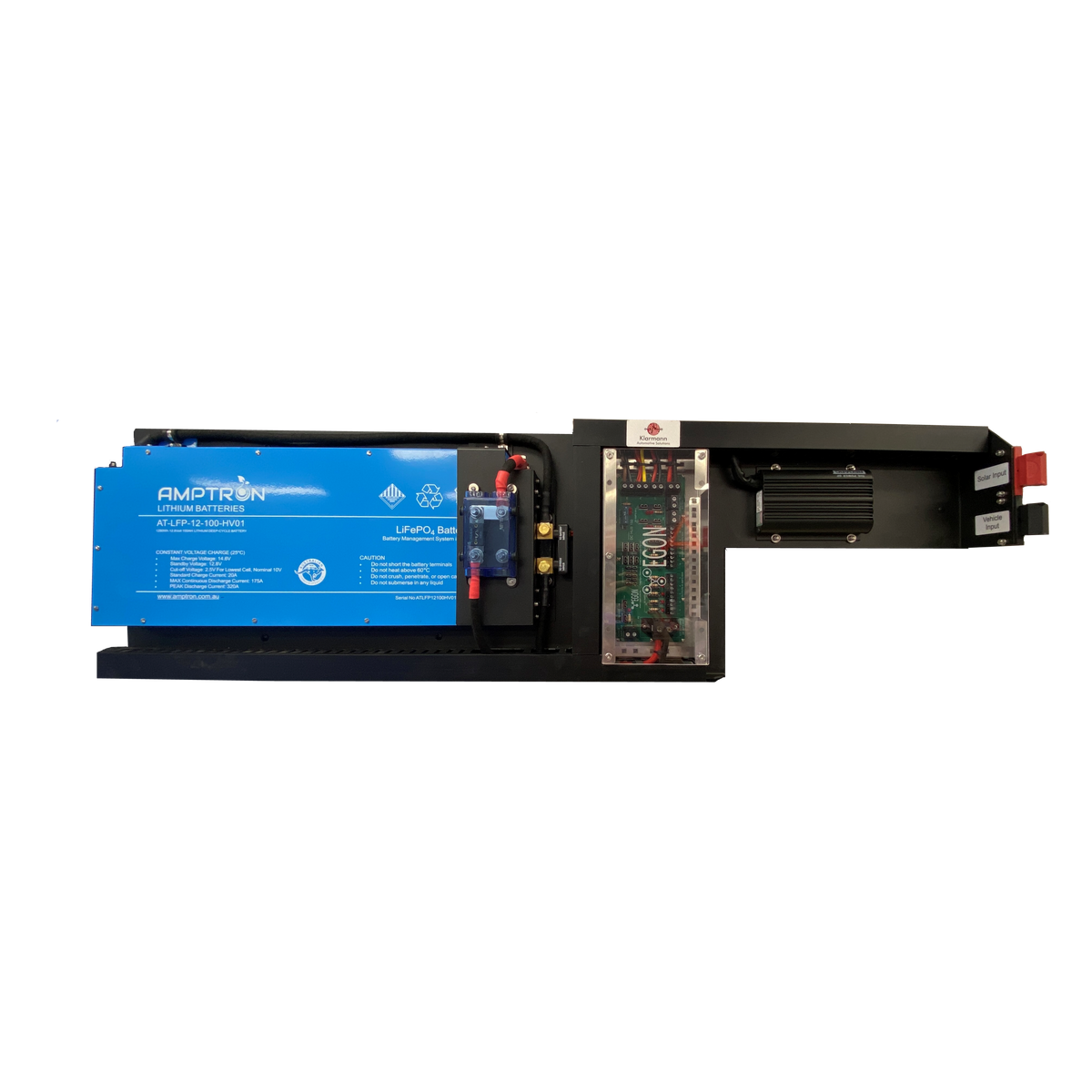 Customised slimline lithium battery system with Redarc and Amptron branding, including a battery, battery charger, and a hub distribution unit, designed for installation in the rear cab wall of a vehicle.