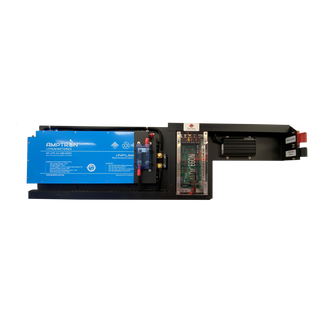 Customised slimline lithium battery system with Redarc and Amptron branding, including a battery, battery charger, and a hub distribution unit, designed for installation in the rear cab wall of a vehicle.