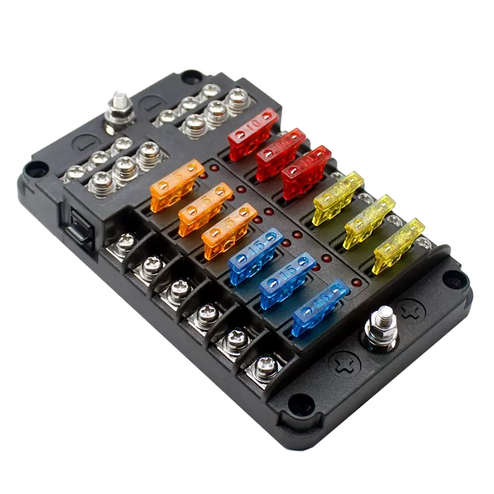 Fuse Block 12 Way Fuse Negative Bus Bar & Red LED & Fuses