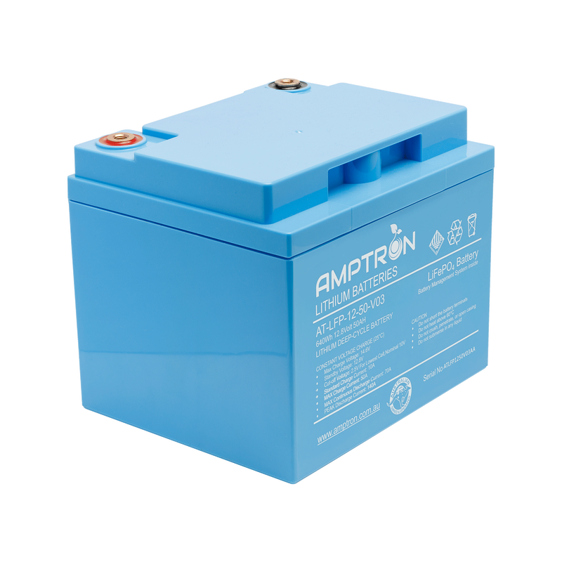 The 12V 50Ah Amptron battery at a three-quarter angle, the compact blue case with two brass terminals on top and the specification panel on the front
