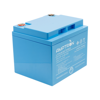 The 12V 50Ah Amptron battery at a three-quarter angle, the compact blue case with two brass terminals on top and the specification panel on the front