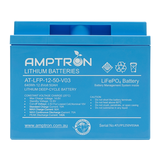 Amptron AT-LFP-12-50-V03 lithium battery face on, 640Wh 12.8 Volt 50Ah, the label listing max charge voltage 14.6V, standby 12.8V, cut-off 2.5V per cell nominal 10V, standard charge 10A, max charge current 50A, max continuous discharge current 70A and peak discharge 140A