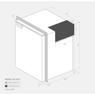 Bushman DC130-X dimensions drawing showing external height, width and depth alongside the minimum cabinet cut out sizes