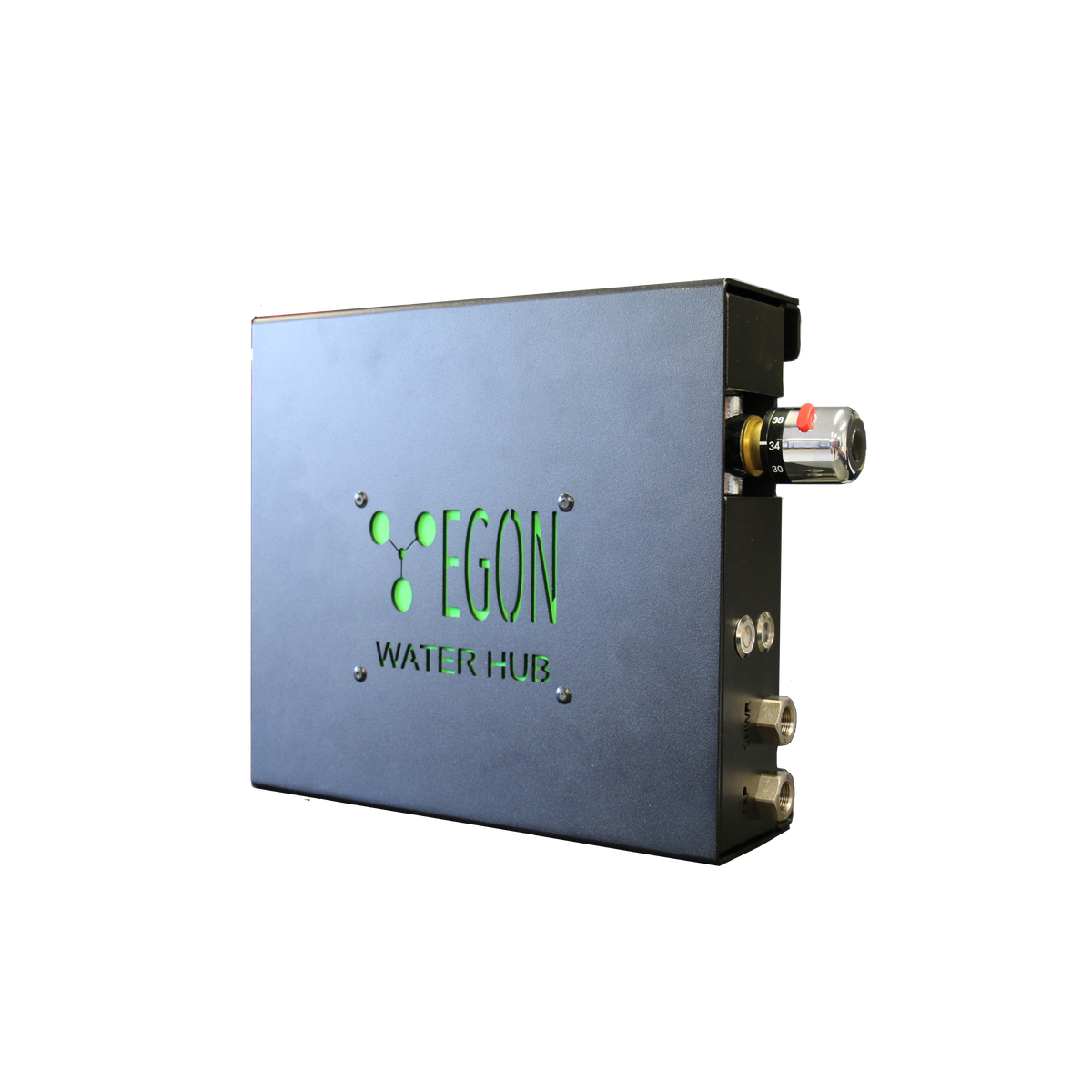 EGON Water Hub 2.0 seen from the front and side, the black steel case with the green EGON Water Hub logo on the cover, the thermostatic mixing valve with its temperature scale on the end, and the brass plumbing fittings below it