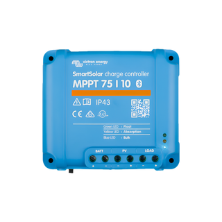 A blue Victron Energy SmartSolar MPPT 75 i 10 solar charge controller with product information and connectors visible on the front.