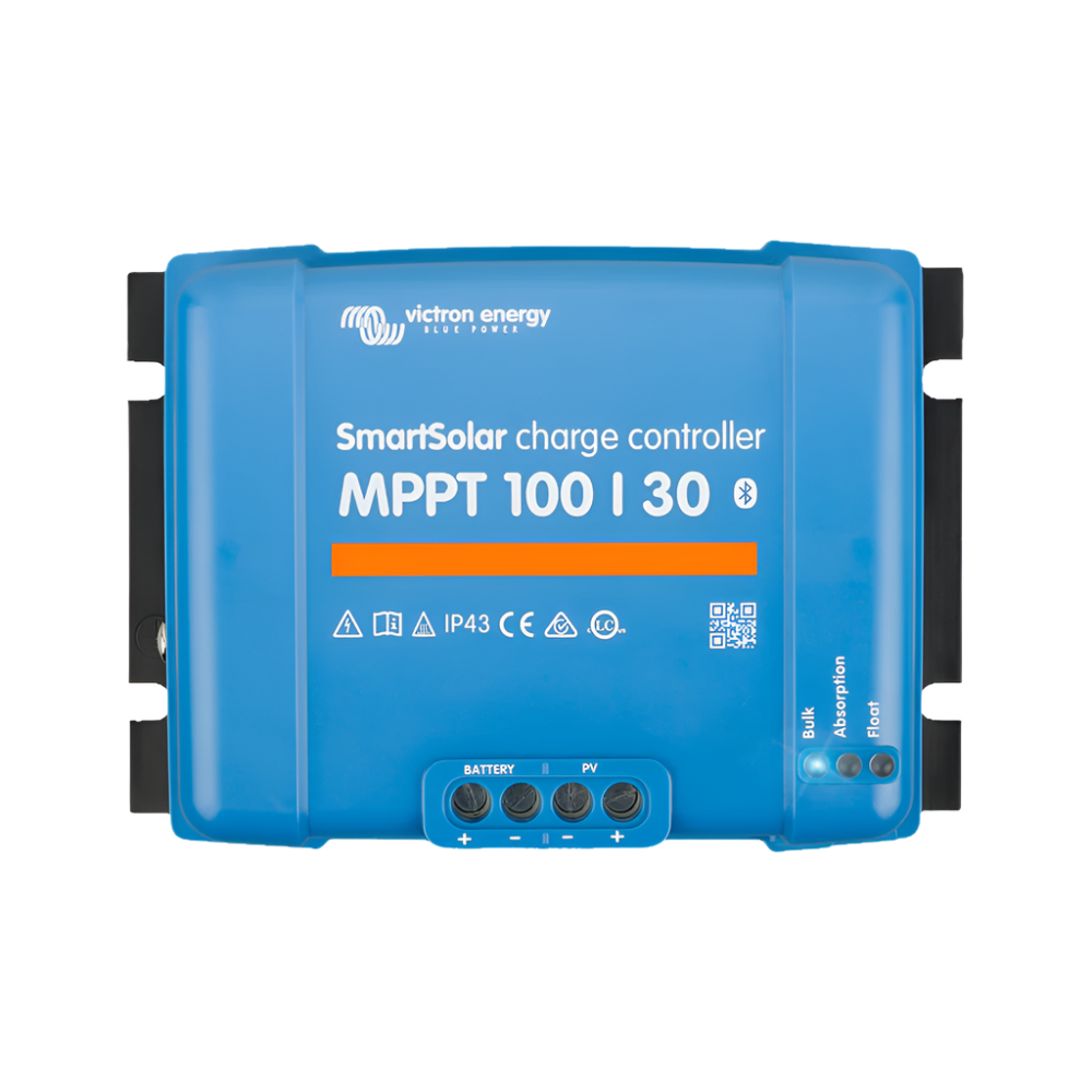A blue Victron Energy SmartSolar MPPT 75 i 10 solar charge controller with product information and connectors visible on the front.