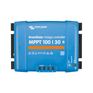 A blue Victron Energy SmartSolar MPPT 75 i 10 solar charge controller with product information and connectors visible on the front.