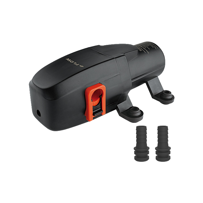 Seaflo 12 volt diaphragm pump with the flow direction arrow moulded into the housing, the orange retaining clip on the pump head, the four rubber-isolated mounting feet, and the two barbed hose tails supplied with it