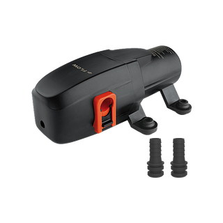 Seaflo 12 volt diaphragm pump with the flow direction arrow moulded into the housing, the orange retaining clip on the pump head, the four rubber-isolated mounting feet, and the two barbed hose tails supplied with it