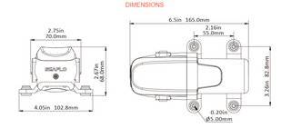Dimension drawing of the Seaflo pump: 70.0mm wide across the body and 102.8mm across the mounting feet, 68.0mm tall, 165.0mm long overall with 55.0mm between the mounting hole centres, 82.8mm across the feet and 5.00mm diameter mounting holes