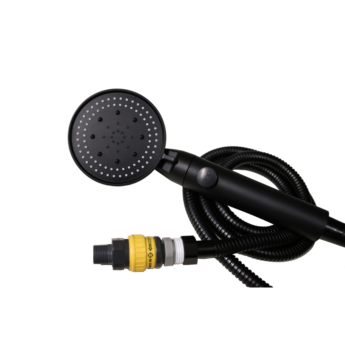 Tap connecting fresh water - works when you have blue light switch on External Pickup hose - works when you have green light switch on and includes mesh filter Show head has on/off switch and pressure switch in pump will cut pump out once pressure is built up